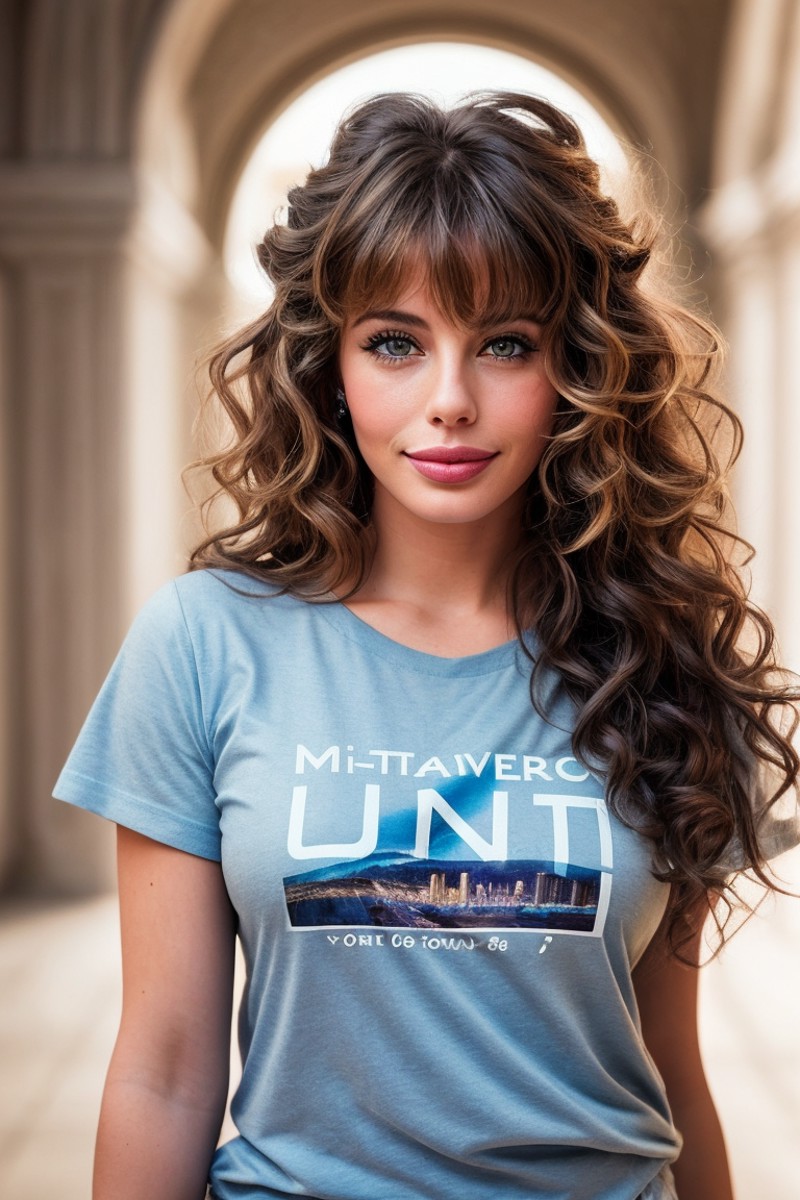 photo of beautiful (klebr0ck-140:0.99), a woman in a (planetarium:1.1), perfect hair, 80s curly hairstyle, wearing (t-shir...